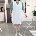Set: Plain Short-sleeve T-shirt Dress + Mesh Sleeveless Dress