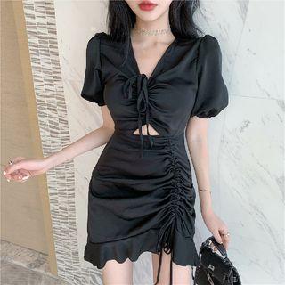 Puff-sleeve Cut-out Drawstring Mini Sheath Dress