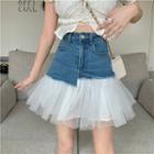 Mesh Ruffle A-line Denim Skirt