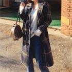 Double-breasted Woolen Plaid Coat Navy Blue - One Size