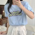 Lettering Short-sleeve T-shirt Sky Blue - One Size