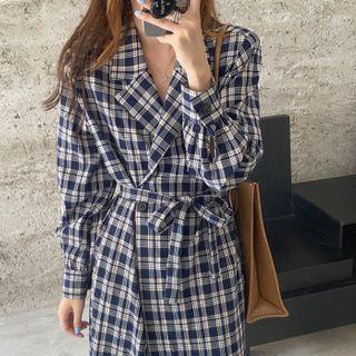 Plaid Double-breasted Midi A-line Coat Dress