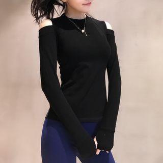Plain Cutout Shoulder Long-sleeve Top