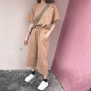 Set: Short-sleeve Ripped T-shirt + Cropped Wide Leg Pants