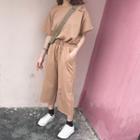 Set: Short-sleeve Ripped T-shirt + Cropped Wide Leg Pants