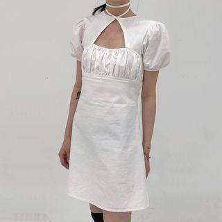 Puff-sleeve Cutout Crinkled A-line Mini Dress As Shown In Figure - One Size