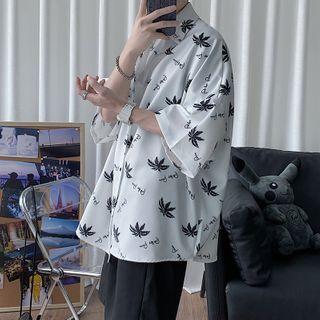 Leaf Print Short-sleeve Button-down Shirt