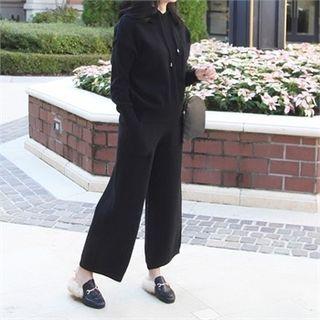 Set: Hooded Knit Top + Band-waist Knit Pants