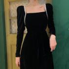 Velvet Beaded Long-sleeve Slim-fit Dress