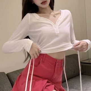 V-neck Drawstring Cropped T-shirt White - One Size
