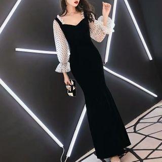 Dotted Mesh Panel Bell-sleeve Maxi Sheath Dress