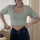 Short-sleeve Square Neck Plain Furry Knit Crop Top