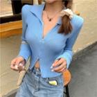 Long-sleeve Collared Zip-up Knit Top