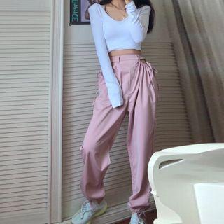 Plain Long-sleeve T-shirt / Cut-out Cropped Harem Pants