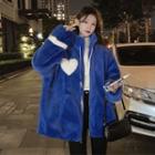 Stand Collar Heart Print Zip-up Fleece Jacket