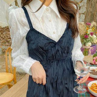 Plus Size Faux-pearl Button Fringed Blouse