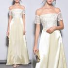 Off Shoulder Lace Panel Satin Evening Gown