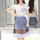 Set: Panel Short-sleeve T-shirt Dress + Mesh Mini Skirt