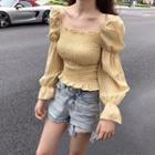 Plaid Puff-sleeve Blouse Yellow - One Size