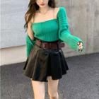 Set: Chain-strap Knit Camisole Top + Light Cardigan / Faux-leather Pleated Mini Skirt