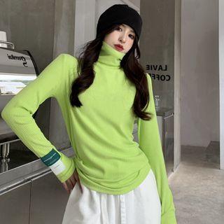 Turtleneck Lettering Patch Ribbed Knit Top