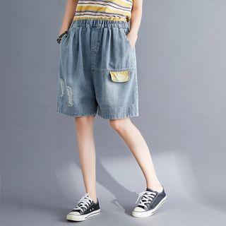 Distressed Elastic-waist Denim Wide-leg Shorts