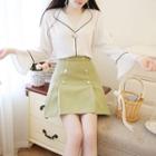 Long-sleeve Contrast Trim Chiffon Top / A-line Mini Skirt / Set