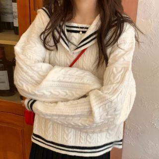 Cable Knit Sailor Collar Sweater Off-white - One Size