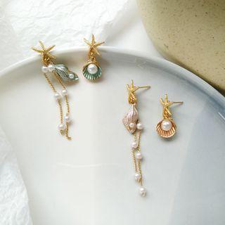 Asymmetrical Faux Pearl Sea Shell Drop Earring
