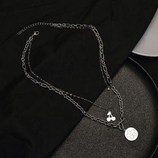 Cherry Flower Pendant Double Layered Chain Necklace As Shown In Figure - One Size
