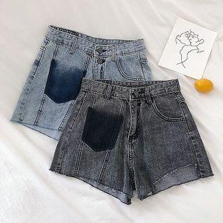 Color-block Mock-pocket High-waist Denim Shorts