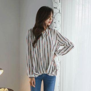 Mandarin-collar Patterned Stripe Blouse