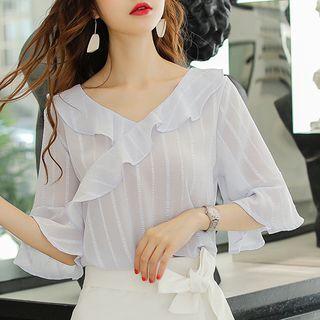 V-neck Ruffle Trim 3/4-sleeve Top
