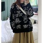 Long-sleeve Printed Knit Sweater Black - One Size