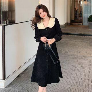 Long-sleeve Wide-collar Midi A-line Corduroy Dress