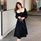 Long-sleeve Wide-collar Midi A-line Corduroy Dress