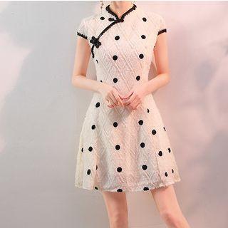 Dotted Cap-sleeve A-line Qipao
