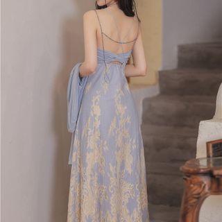 Strappy Floral Lace Midi A-line Dress / Light Jacket / Set