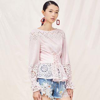 Long-sleeve Perforated Lace-up Top