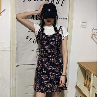 Spaghetti-strap Floral Mini Sheath Dress / Short-sleeve T-shirt