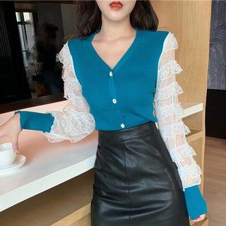Long-sleeve Lace Layered Ruffled Knit Cardigan
