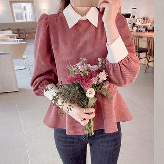 Contrast Button-back Corduroy Peplum Blouse