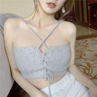 Halter-neck Lace-up Knit Top Gray - One Size