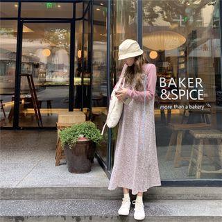 Long-sleeve Plain T-shirt / Floral Spaghetti-strap Dress