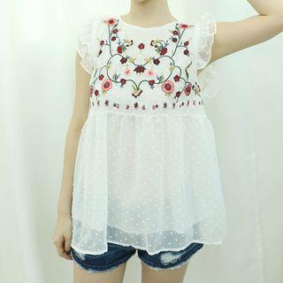 Flower-embroidered Sleeveless Blouse