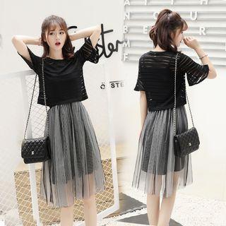 Set: Short-sleeve Top + Strappy Sheer Panel Midi Dress