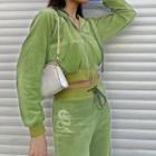 Velvet Cropped Zip-up Hooded Jacket / Wide Leg Pants / Set