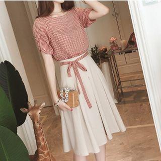 Set: Checked Short-sleeve Blouse + Tie-waist A-line Skirt