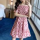 Short-sleeve Off Shoulder Dotted A-line Dress