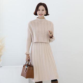 Set: Mock-neck Vest + Frill-cuff Midi Rib-knit Dress